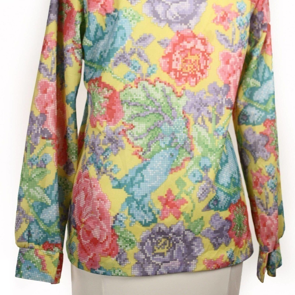 Vintage 70s Shirt Rainbow Colored Flower Long Sleeve Button Up Size 14 - Hey Viv - Picture 5 of 6